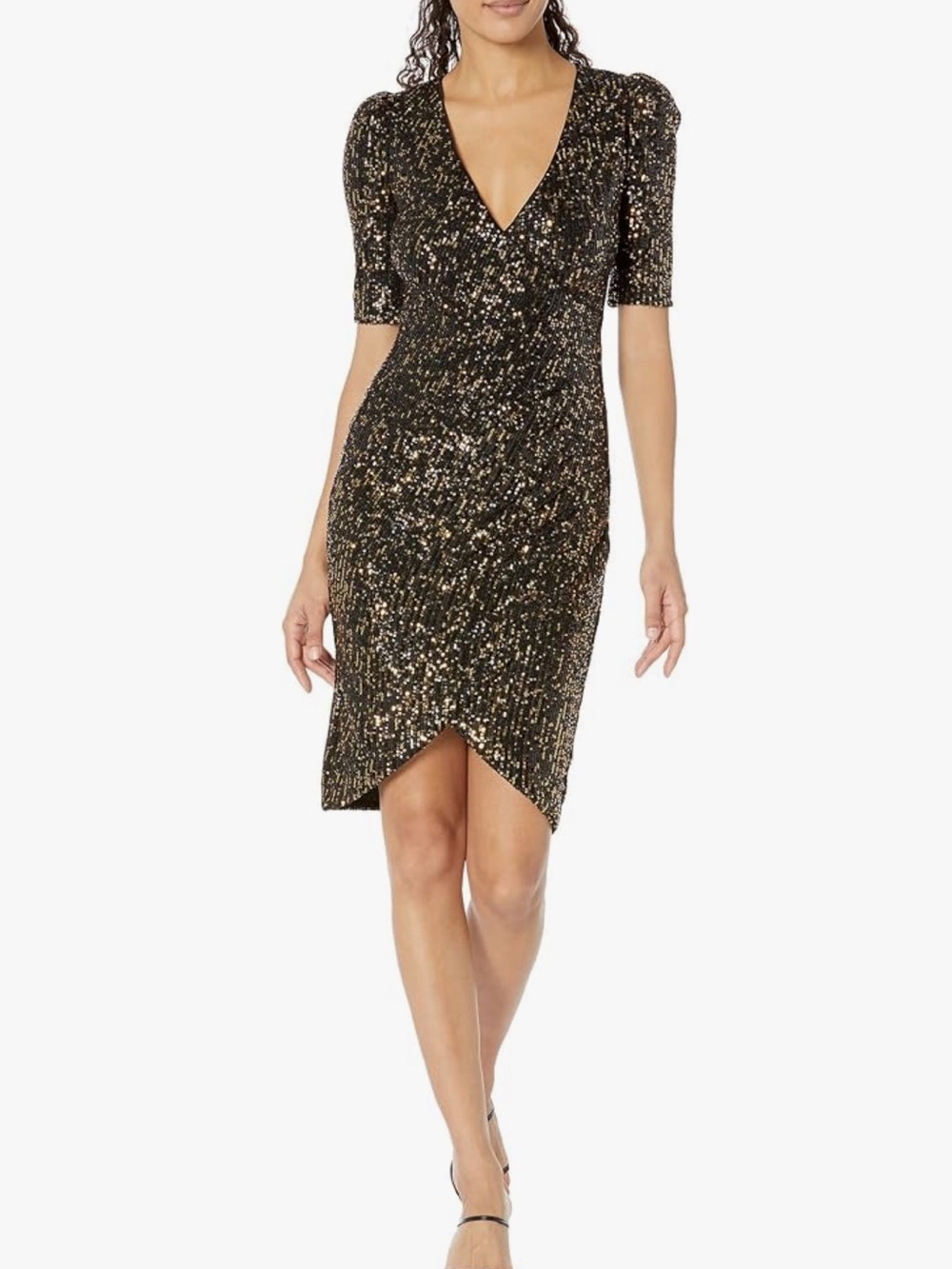 Calvin Klein sequin faux-wrap dress v-neckline and a distinctive tulip hem 10